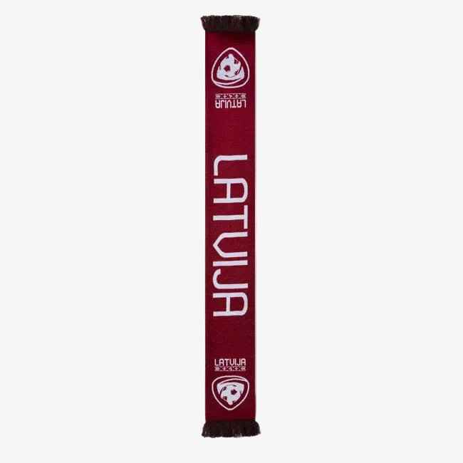 Maroon scarf with 'Latvija' branding on a white background