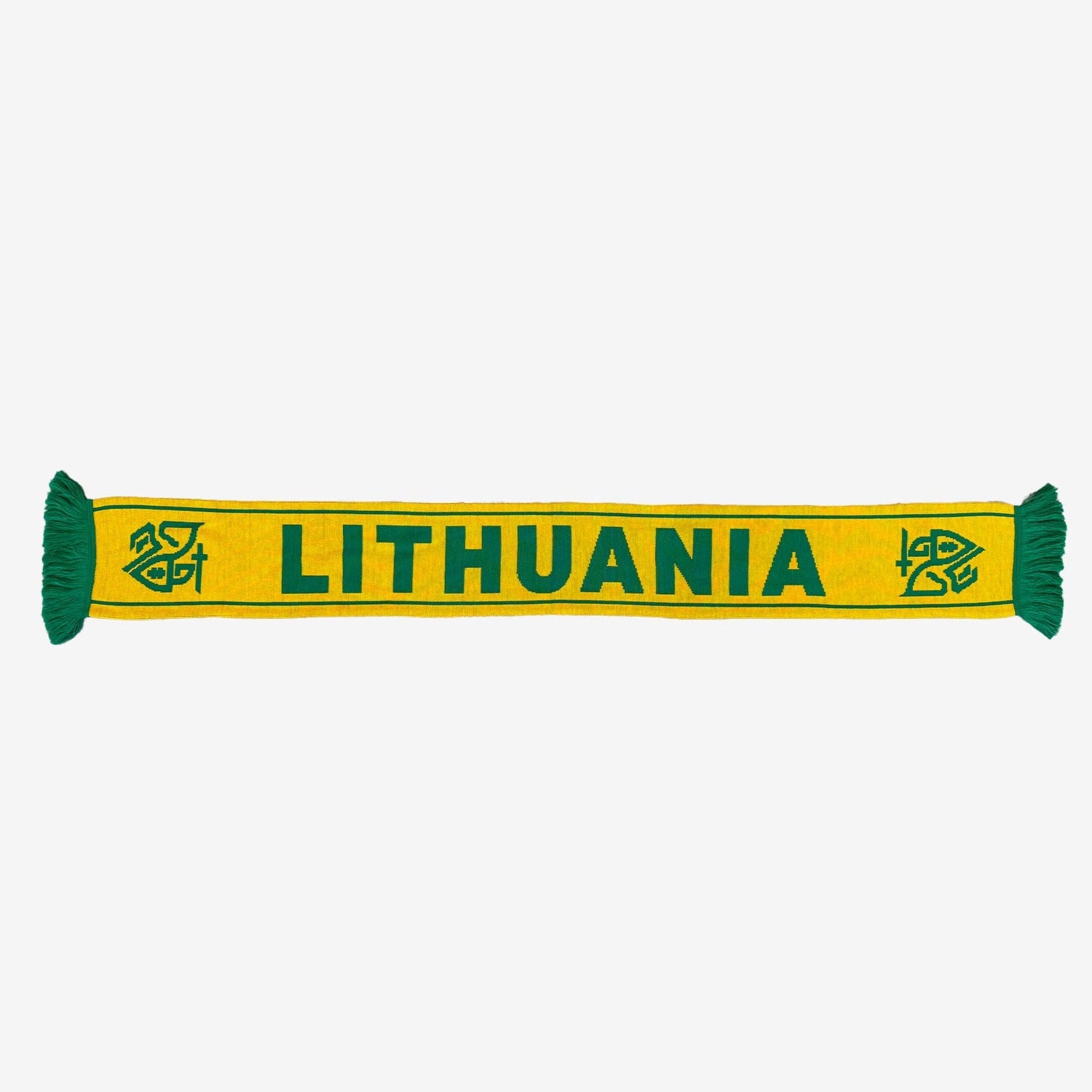Yellow scarf with green edges and 'Lithuania' text on a white background