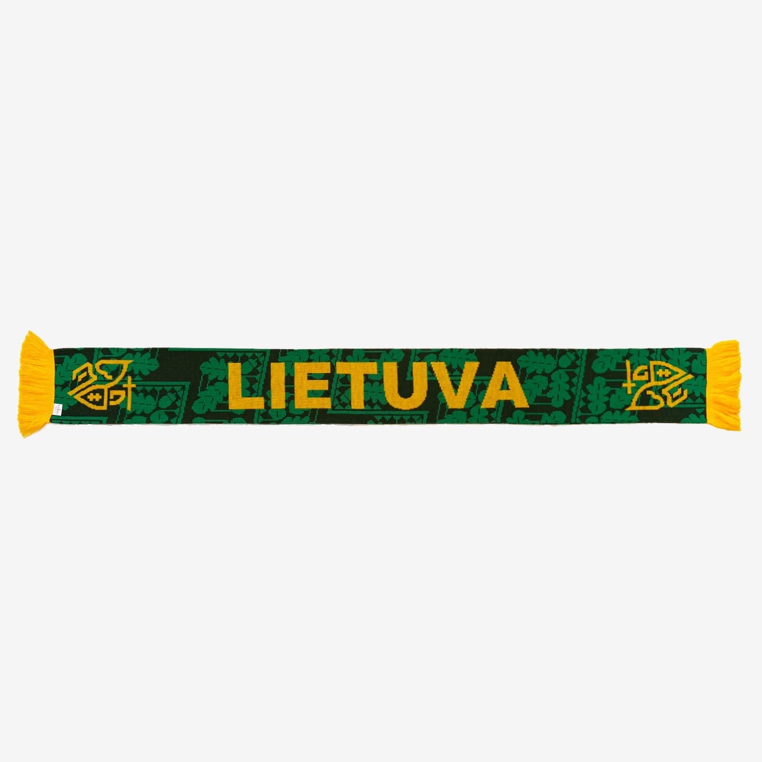 Green and yellow scarf with 'LIETUVA' text on a white background
