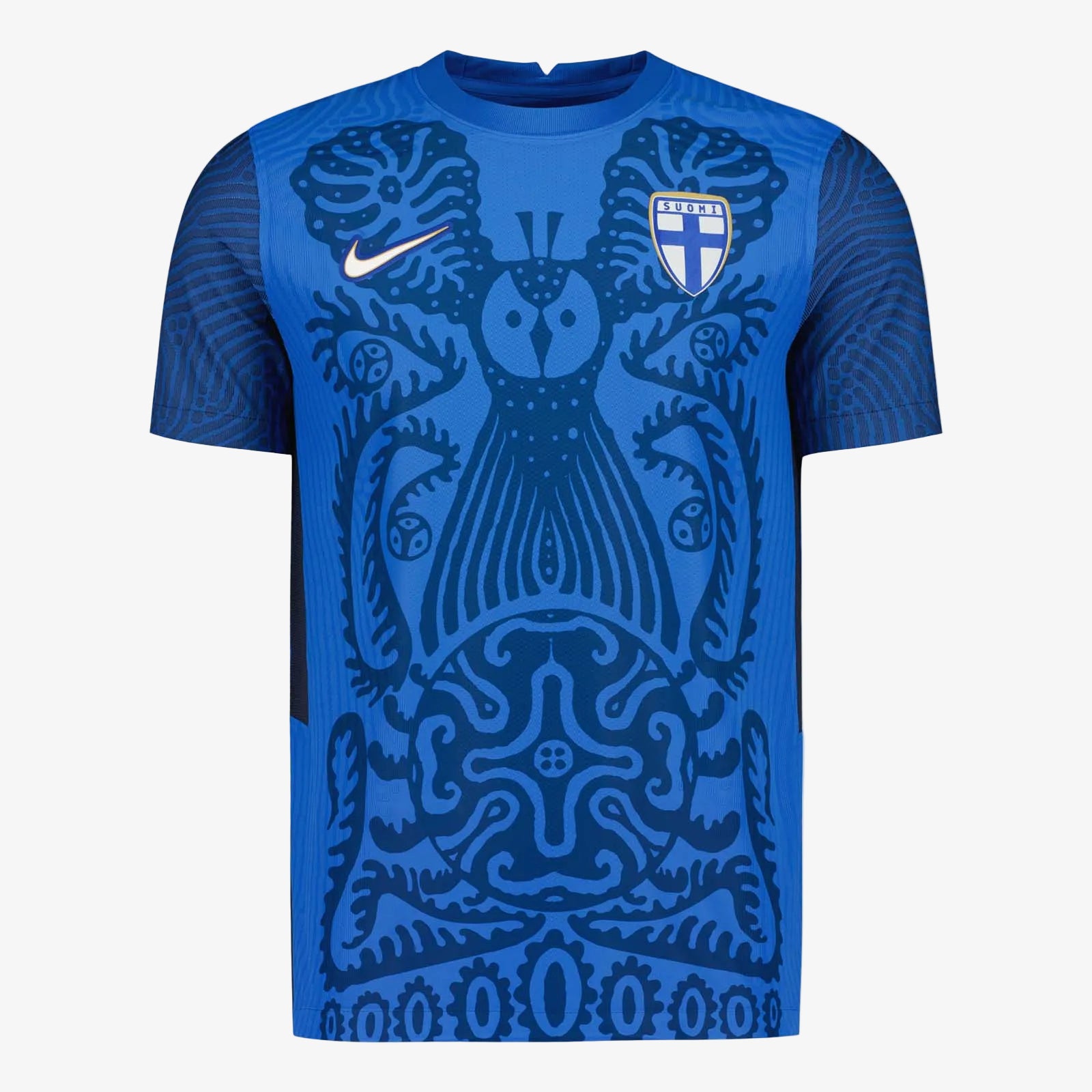 Blue sports jersey with intricate design and Nike logo on a white background