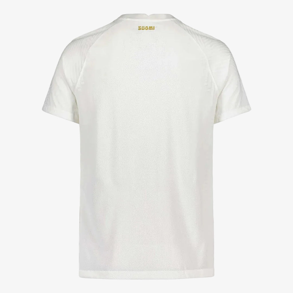 White t-shirt with a brand logo on the chest against a white background