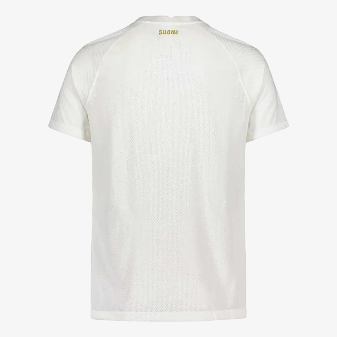 White t-shirt with a brand logo on the chest against a white background