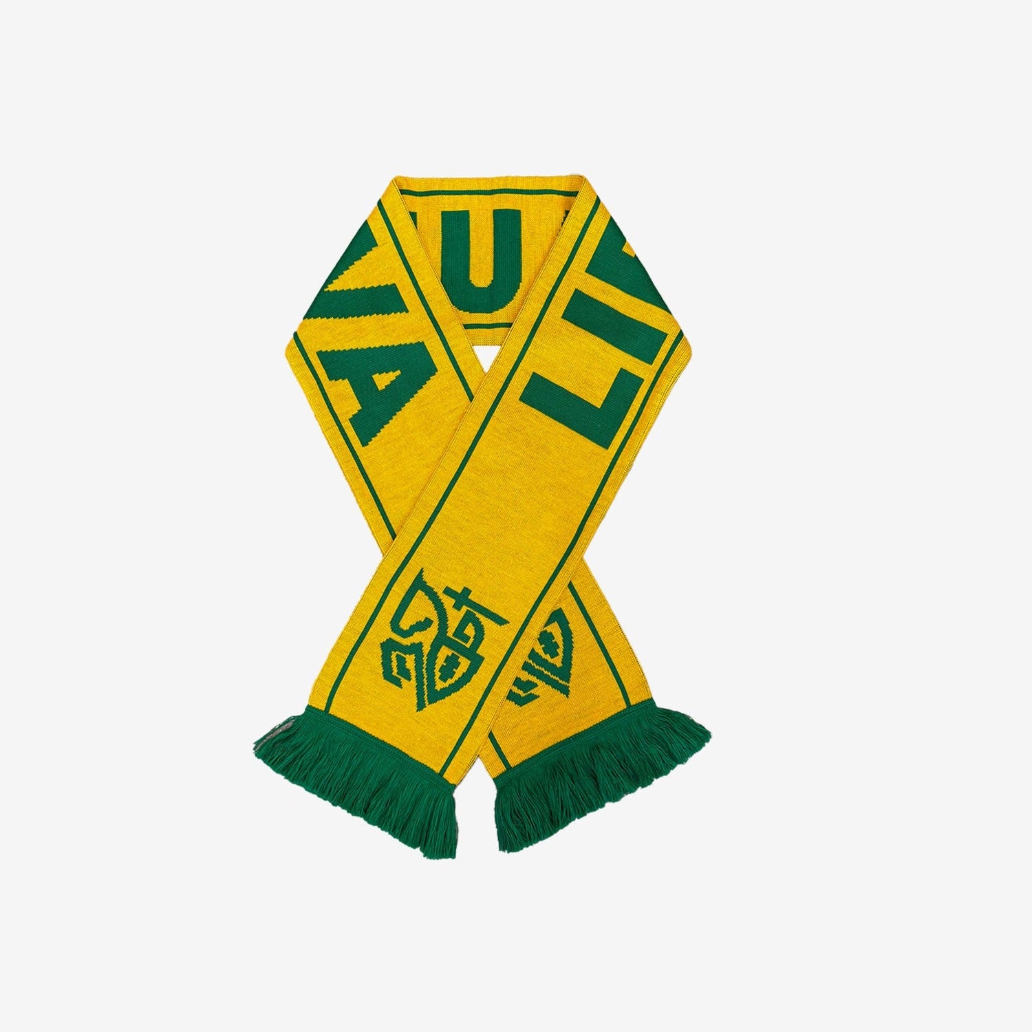 Yellow and green scarf with text on a white background