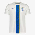 White sports jersey with blue and yellow accents on a white background