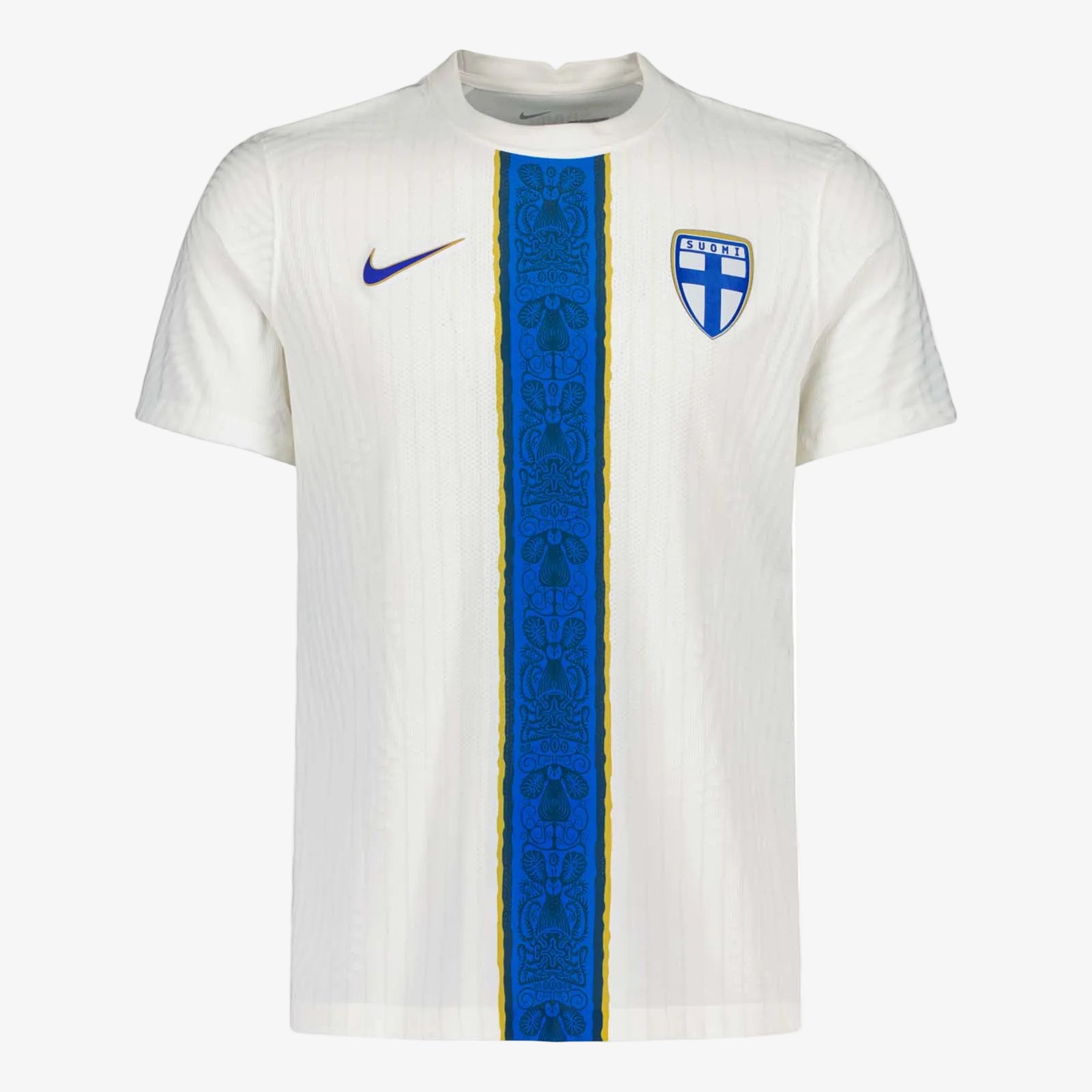 White sports jersey with blue and yellow accents on a white background