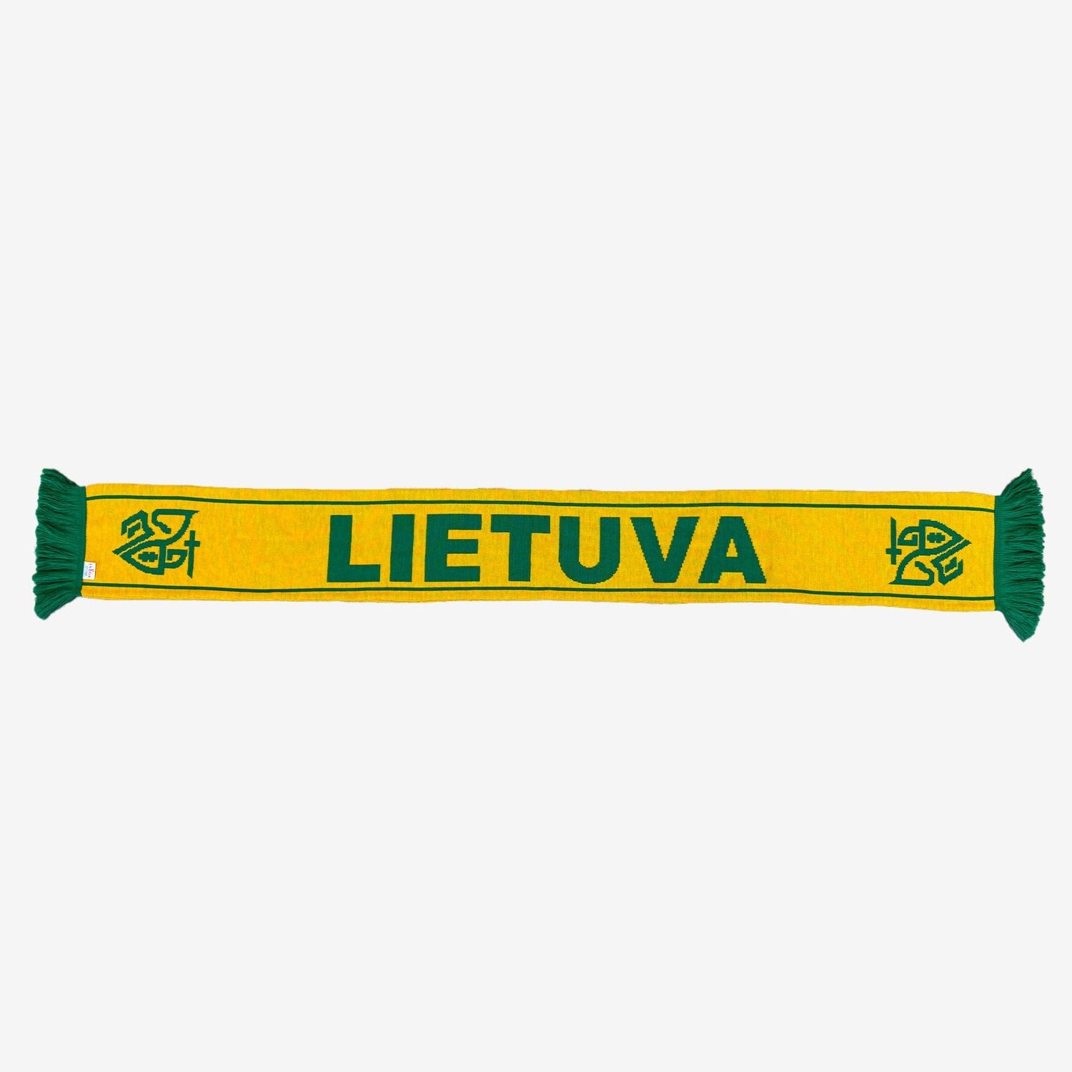 Yellow scarf with green edges and 'LIETUVA' text on a white background